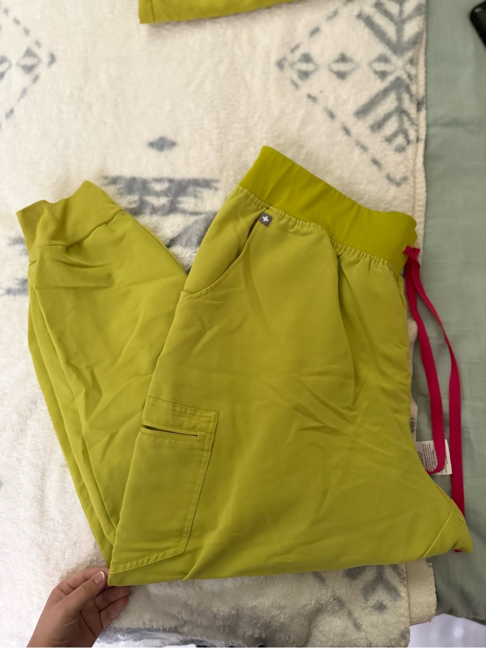 Figs Women's Scrub Joggers in Lime Green with Pink Drawstring
